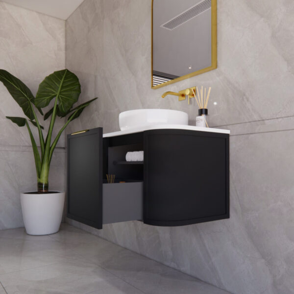750mm *Matt white plywood              * Big curved edge shaker style                       *1 tier  1 big Drawer   2 side drawers                   * Wall Hung