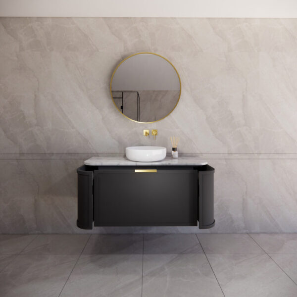 1200mm *Matt Black plywood              * Big curved edge shaker style                       *1 tier  1 big Drawer   2 side drawers                   * Wall Hung