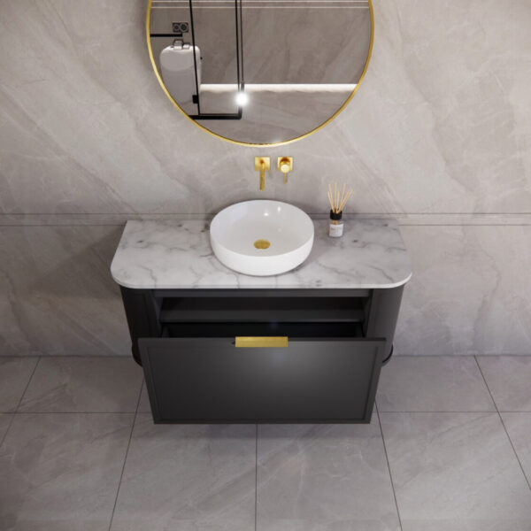 1200mm *Matt Black plywood              * Big curved edge shaker style                       *1 tier  1 big Drawer   2 side drawers                   * Wall Hung
