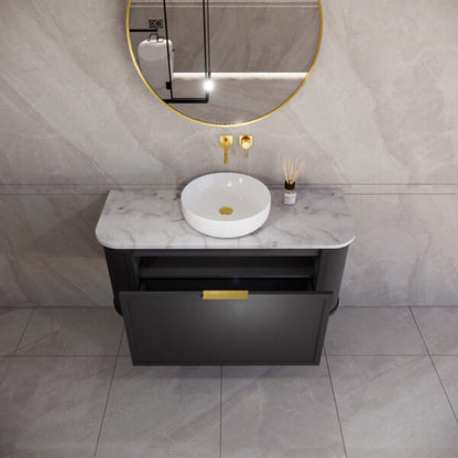 1200mm *Matt Black plywood              * Big curved edge shaker style                       *1 tier  1 big Drawer   2 side drawers                   * Wall Hung