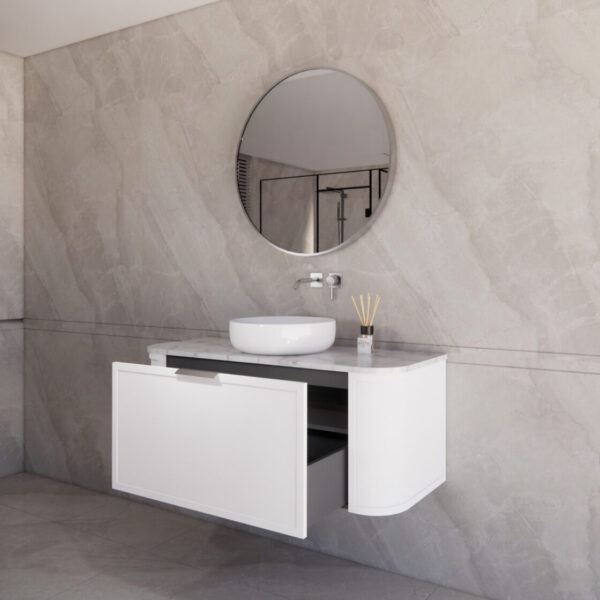 1200mm *Matt white plywood              * Big curved edge shaker style                       *1 tier  1 big Drawer   2 side drawers                   * Wall Hung