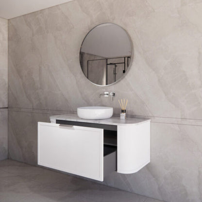 1200mm *Matt white plywood              * Big curved edge shaker style                       *1 tier  1 big Drawer   2 side drawers                   * Wall Hung