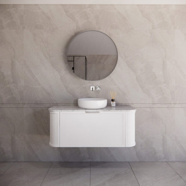 1200mm *Matt white plywood              * Big curved edge shaker style                       *1 tier  1 big Drawer   2 side drawers                   * Wall Hung