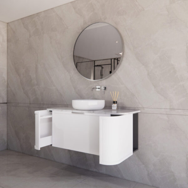 1200mm *Matt white plywood              * Big curved edge shaker style                       *1 tier  1 big Drawer   2 side drawers                   * Wall Hung