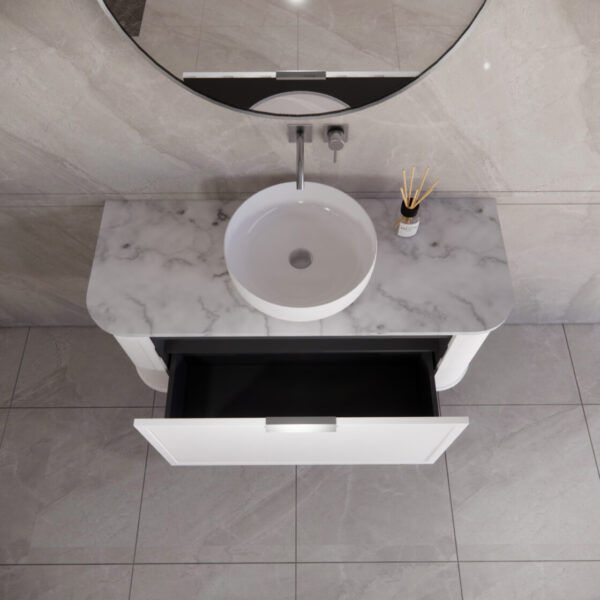 1200mm *Matt white plywood              * Big curved edge shaker style                       *1 tier  1 big Drawer   2 side drawers                   * Wall Hung