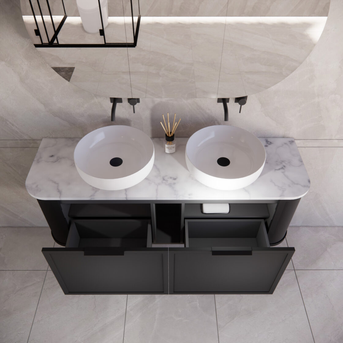 1500mm *Matt Black plywood              * Big curved edge shaker style                       *1 tier  2 big drawers   2 side drawers                   * Wall Hung