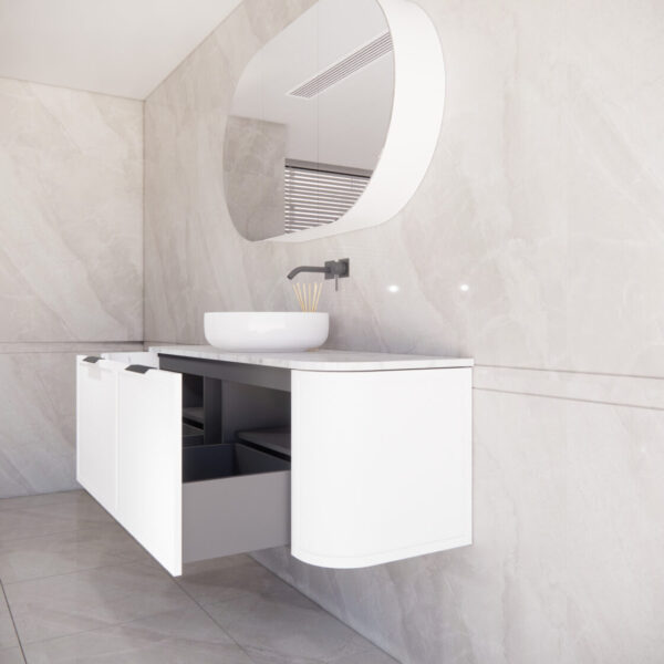 1500mm *Matt white plywood              * Big curved edge shaker style                       *1 tier  2 big drawers   2 side drawers                   * Wall Hung