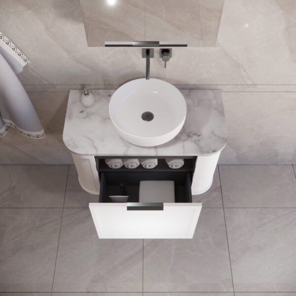 900mm *Matt white plywood              * Big curved edge shaker style                       *1 tier  1 big Drawer   2 side drawers                   * Wall Hung
