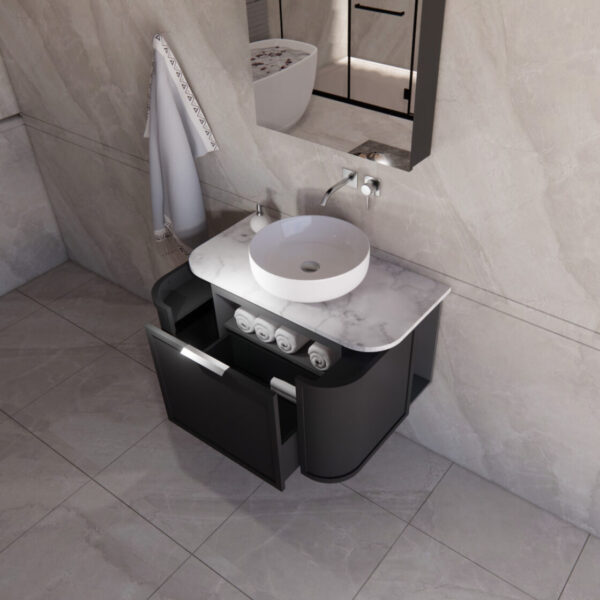 900mm *Matt Black plywood              * Big curved edge shaker style                       *1 tier  1 big Drawer   2 side drawers                   * Wall Hung
