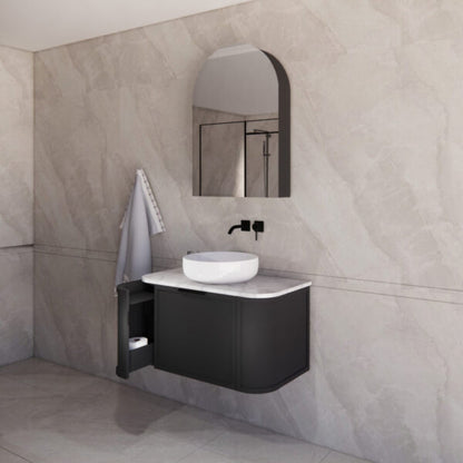900mm *Matt Black plywood              * Big curved edge shaker style                       *1 tier  1 big Drawer   2 side drawers                   * Wall Hung