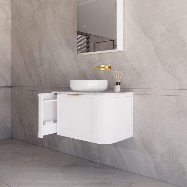 900mm *Matt white plywood              * Big curved edge shaker style                       *1 tier  1 big Drawer   2 side drawers                   * Wall Hung