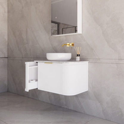 900mm *Matt white plywood              * Big curved edge shaker style                       *1 tier  1 big Drawer   2 side drawers                   * Wall Hung