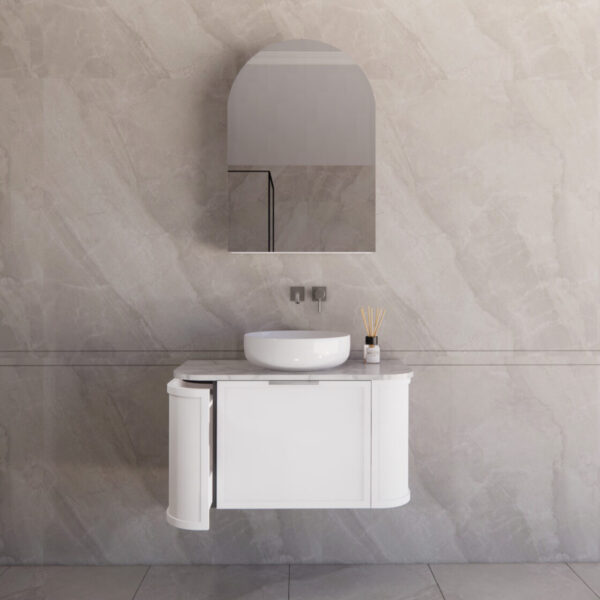 900mm *Matt white plywood              * Big curved edge shaker style                       *1 tier  1 big Drawer   2 side drawers                   * Wall Hung
