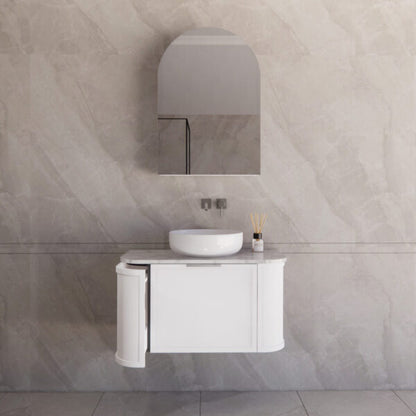 900mm *Matt white plywood              * Big curved edge shaker style                       *1 tier  1 big Drawer   2 side drawers                   * Wall Hung