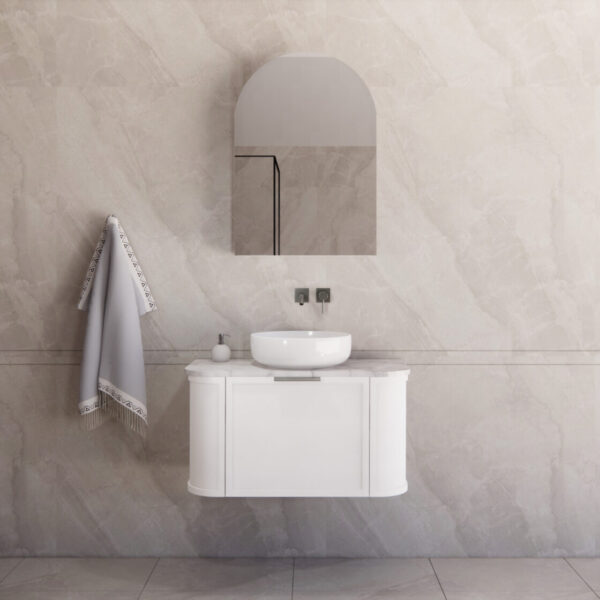 900mm *Matt white plywood              * Big curved edge shaker style                       *1 tier  1 big Drawer   2 side drawers                   * Wall Hung