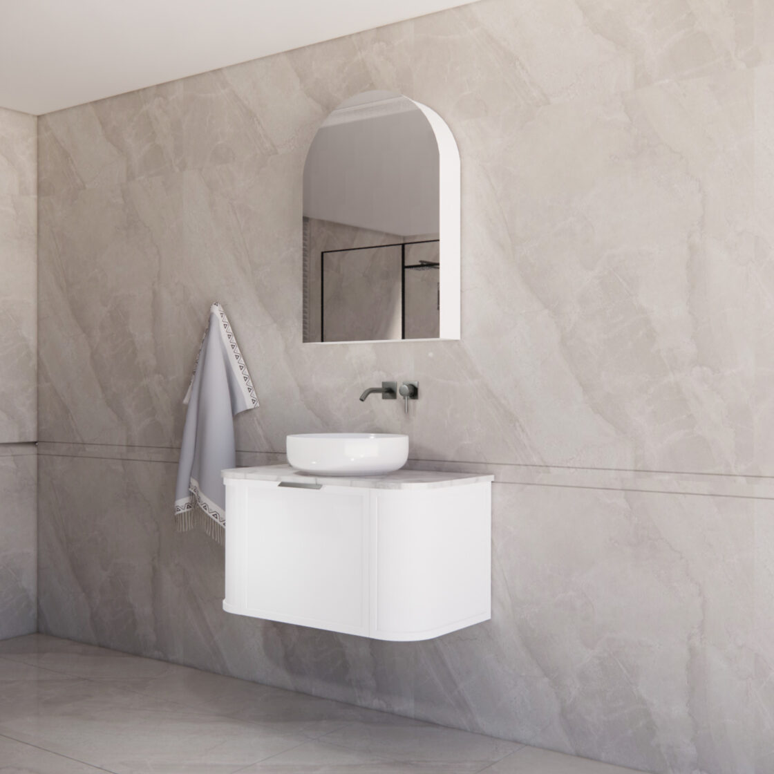 900mm *Matt white plywood              * Big curved edge shaker style                       *1 tier  1 big Drawer   2 side drawers                   * Wall Hung