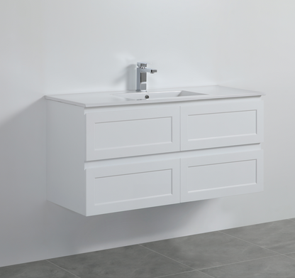 1200mm Fremantal Wall Hung Vanity PVC Left Side Drawers - Cabinet Only - Single Bowl - Matte White