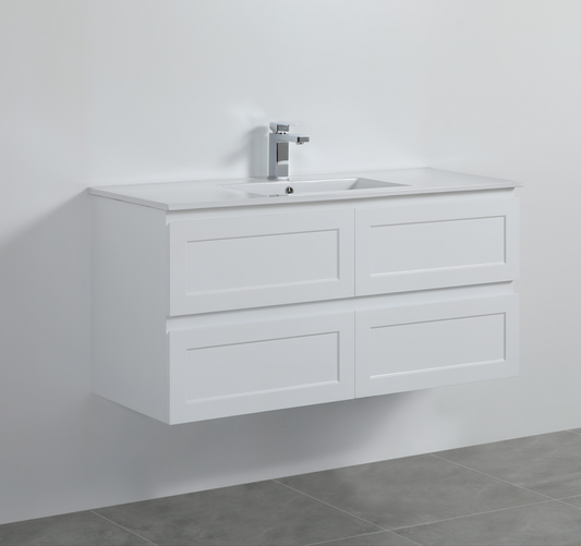 1200mm Fremantal Wall Hung Vanity PVC Left Side Drawers - Cabinet Only - Single Bowl - Matte White