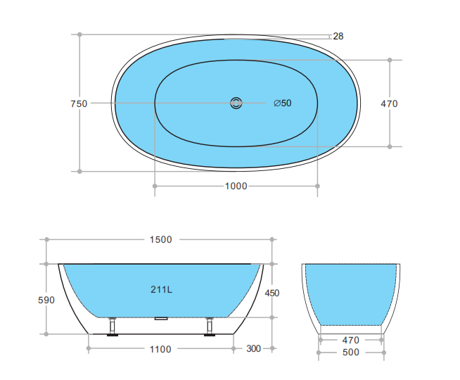 1500mm Freestanding Bathtub - Gloss White