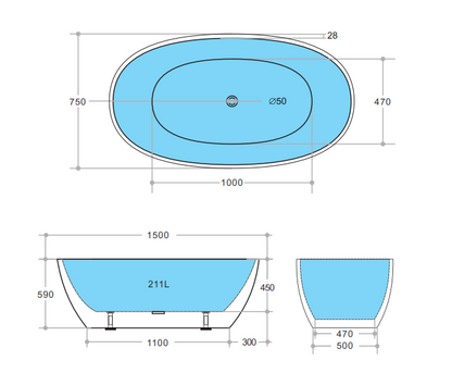 1500mm Freestanding Bathtub - Gloss White