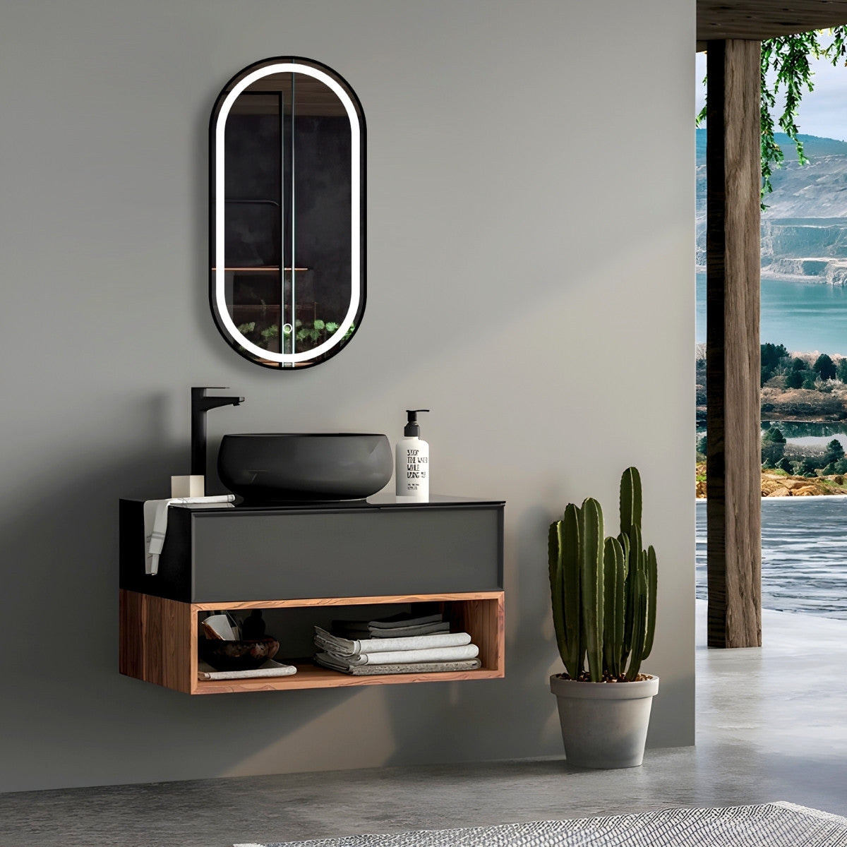 Matte Black Oval Framed LED Mirror - 500x1000mm (MBK-OL50100)