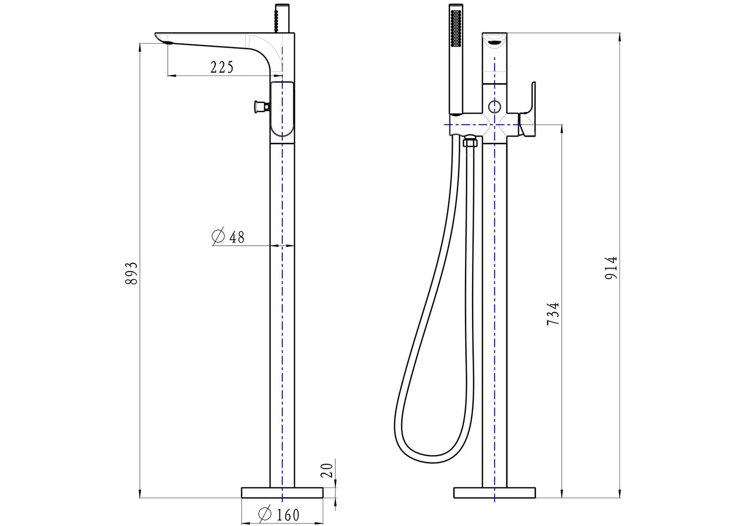 Kyah Freestanding Bath Filler with Hand Shower - Brushed Brass