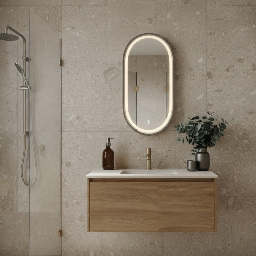 Brushed Gold Oval   Framed LED Mirror - 500x1000mm (MBG-OL50100)