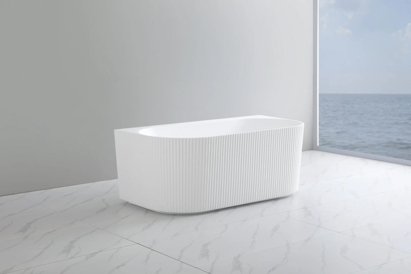 1500mm Ceto Bari Grooved Fluted Oval Freestanding Back to Wall Bathtub - No Overflow - Matte White