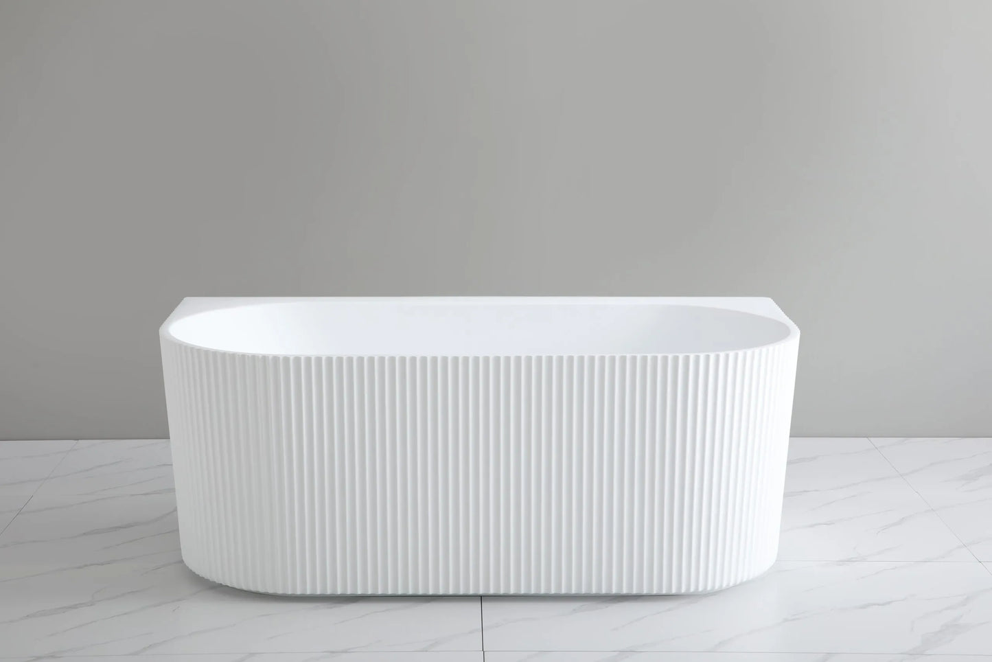 1500mm Ceto Bari Grooved Fluted Oval Freestanding Back to Wall Bathtub - No Overflow - Gloss White