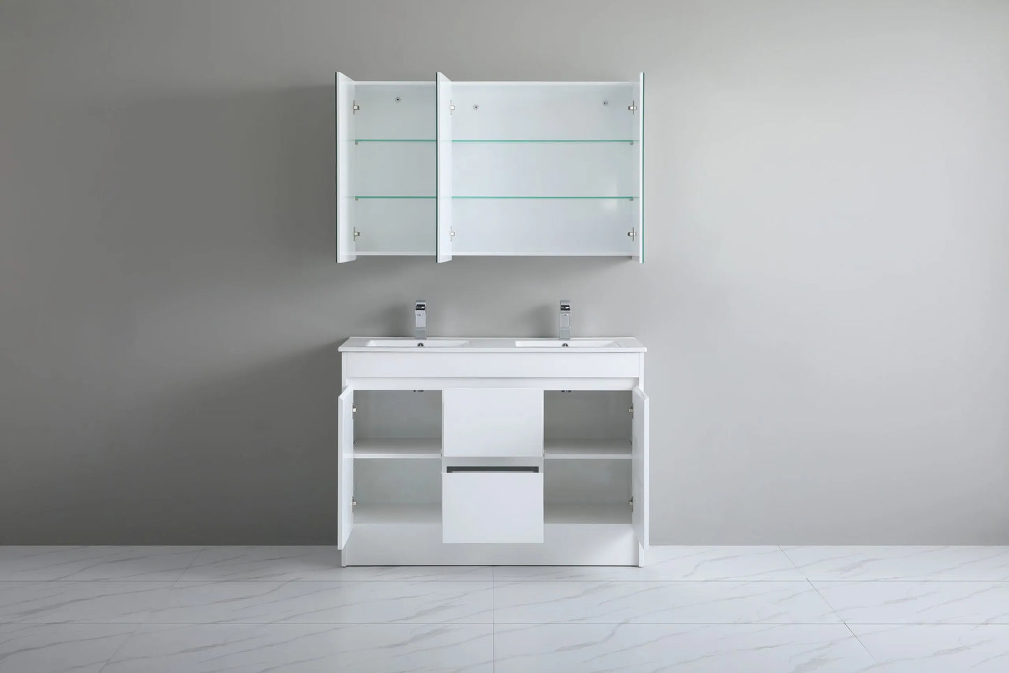 1200mm Polar Floor Vanity PVC Cabinet With Kickboard Only - Double Bowl  - Gloss White