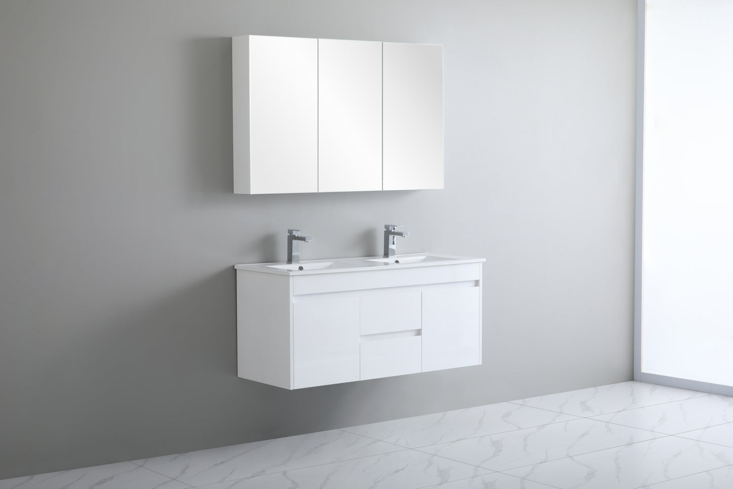 1200mm Polar Wall Hung Vanity PVC - Cabinet Only - Double Bowl - Gloss White