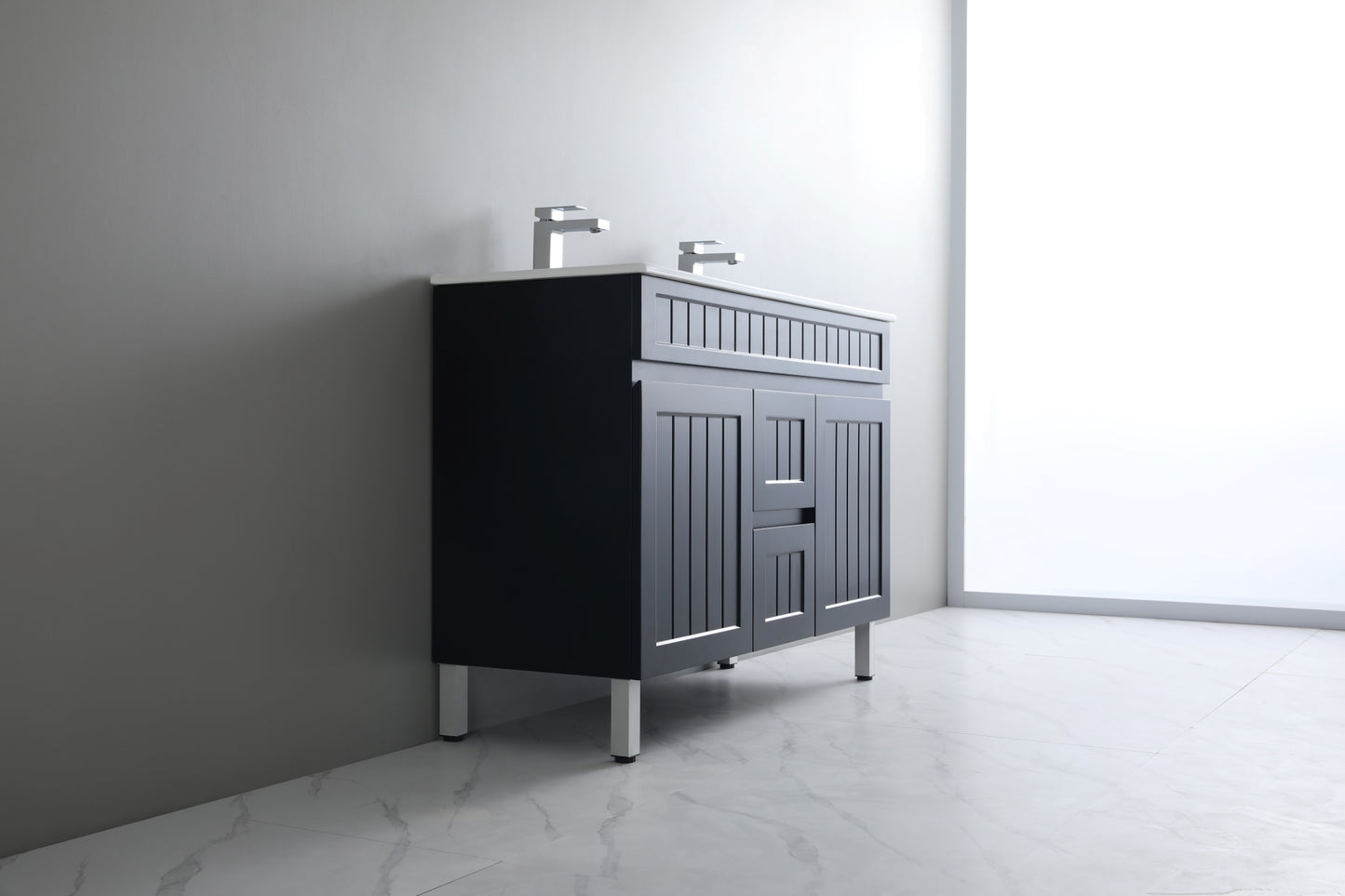 1200mm Acacia Floor Vanity PVC Cabinet Only - Double Bowl- Matte Black