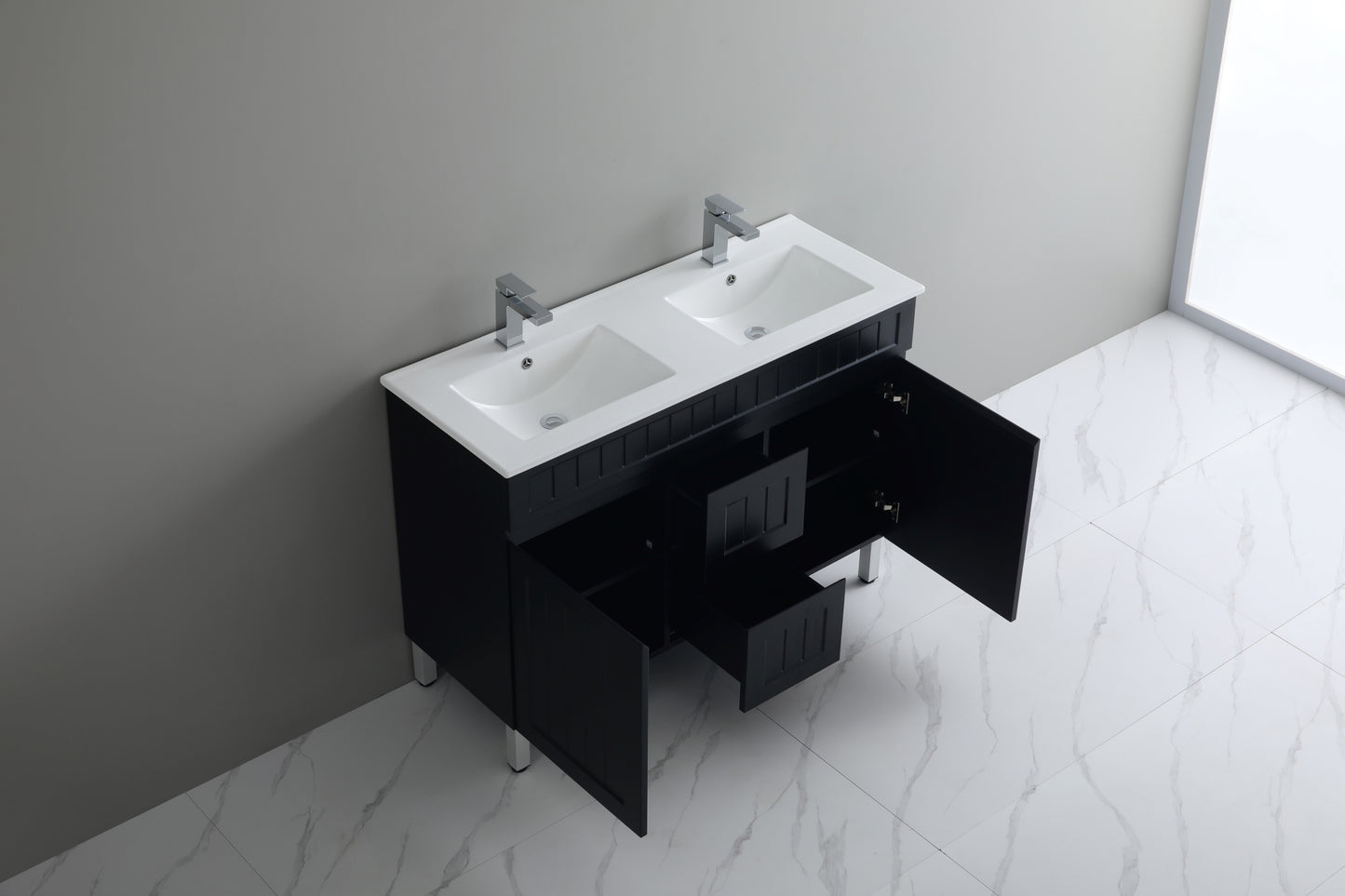 1200mm Acacia Floor Vanity PVC Cabinet Only - Double Bowl- Matte Black