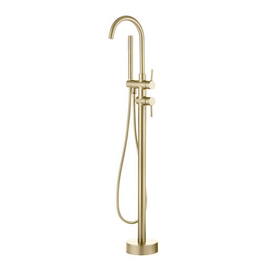 Round Light Brushed Brass Freestanding Bath Mixer With Handheld Shower