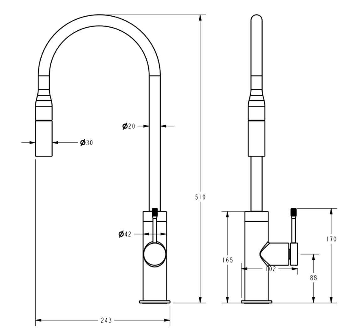 Light Brushed Brass Pull Out Kitchen Mixer