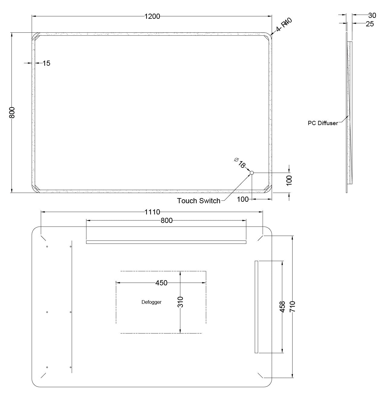 Backlit LED Frameless Mirror - 1200x800mm