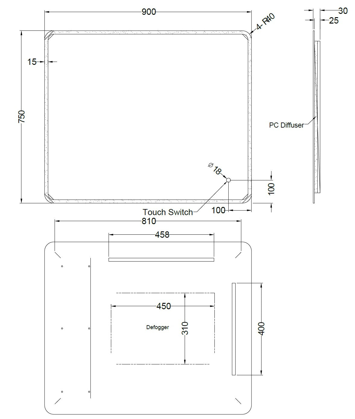 Backlit LED Frameless Mirror LDE - 900x750mm