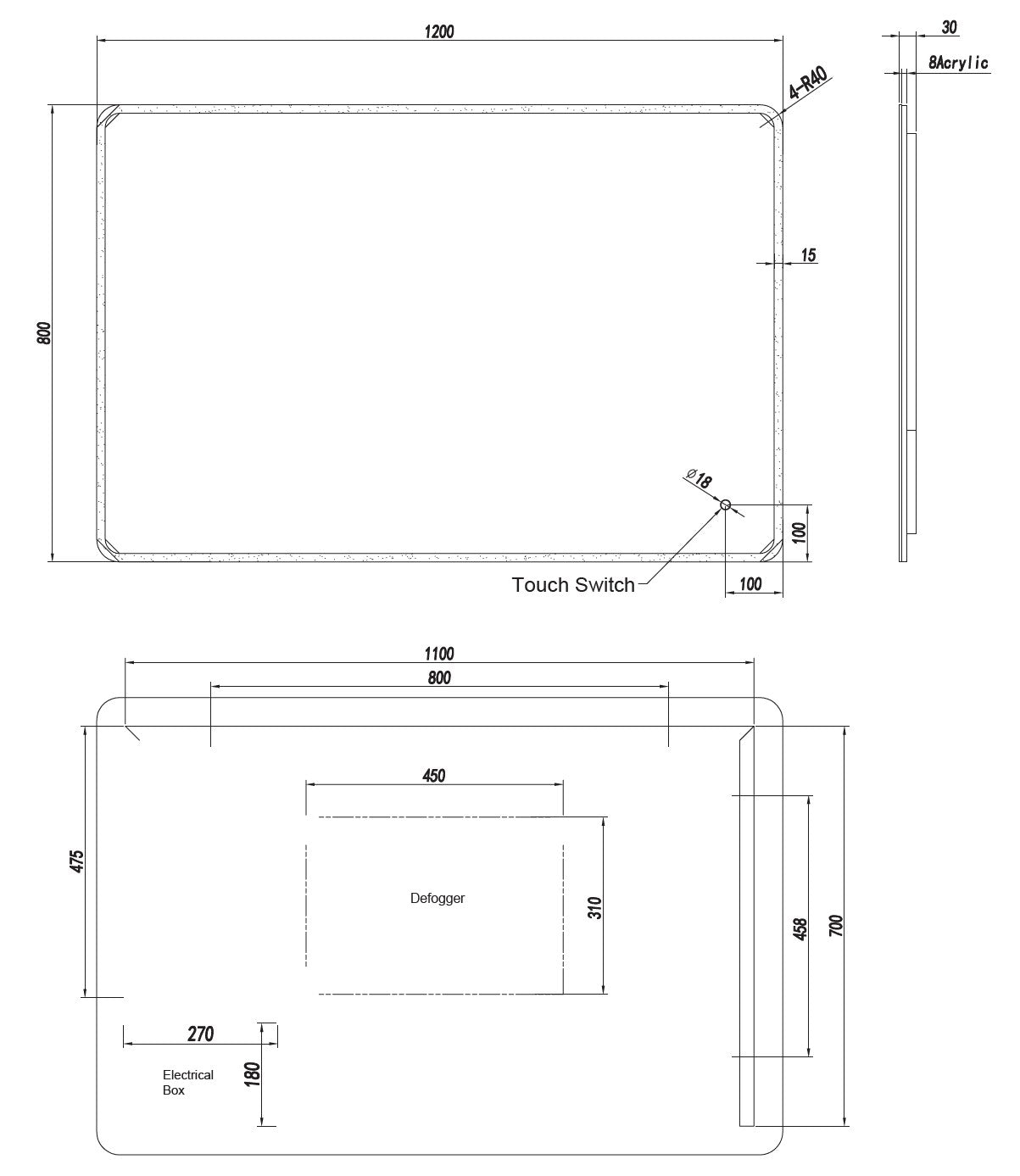 **Acrylic LED Frameless Mirror LDE-A - 1200x800mm