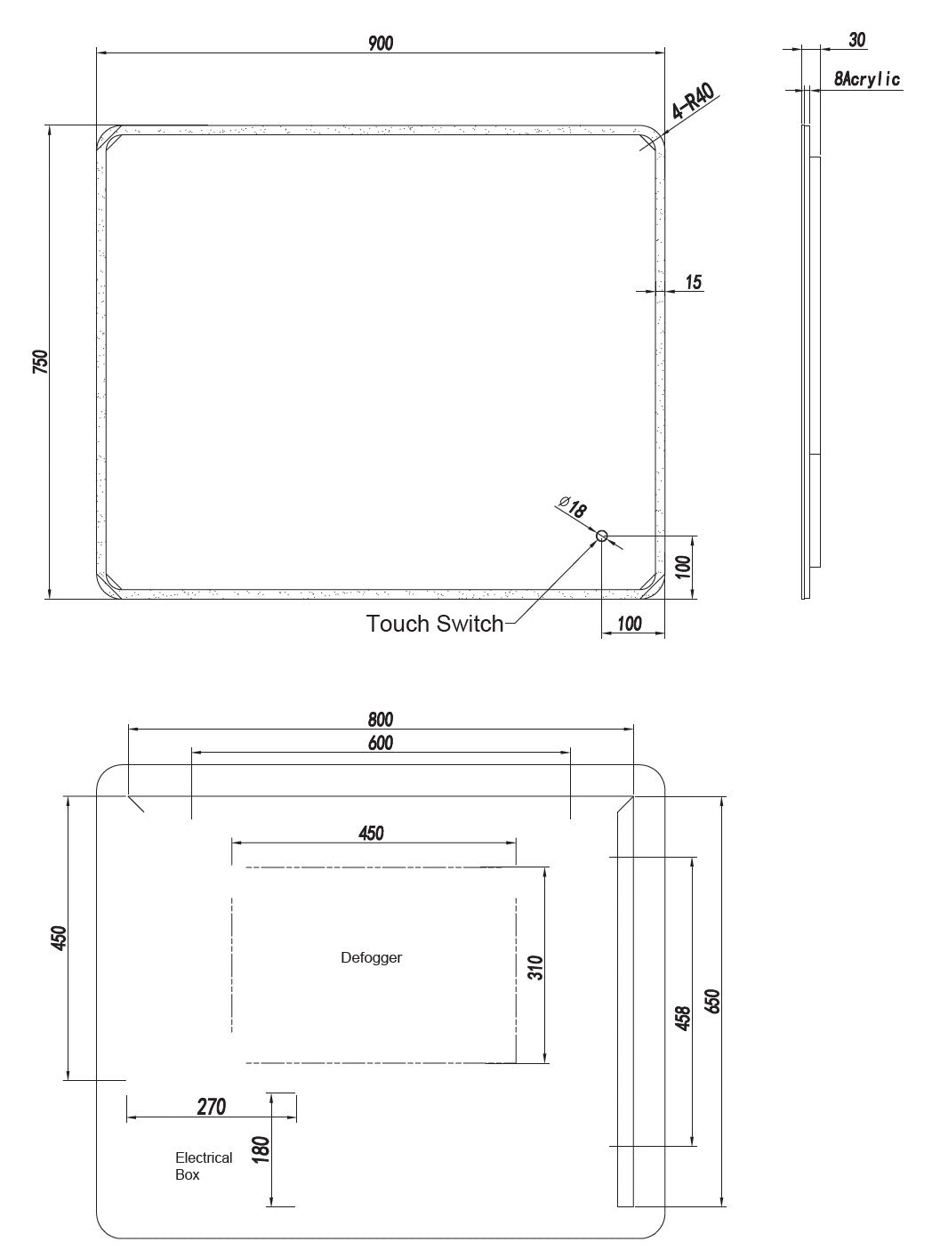 **Acrylic LED Frameless Mirror LDE-A - 900x750mm