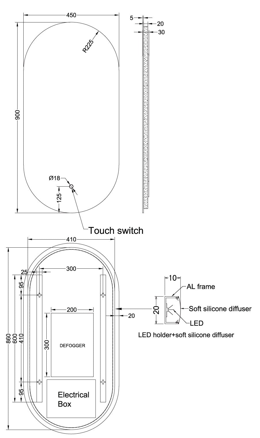 Oval/Pill Shape Backlit LED Frameless Mirror - 450x900mm