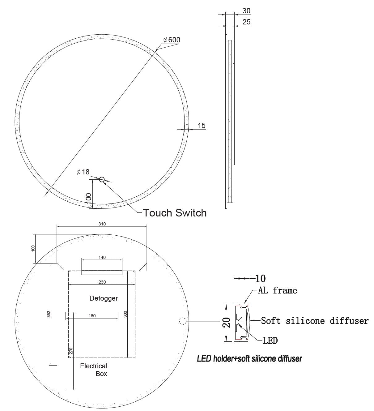 Edge Lit - Round LED Frameless Mirror - LDR 600mm