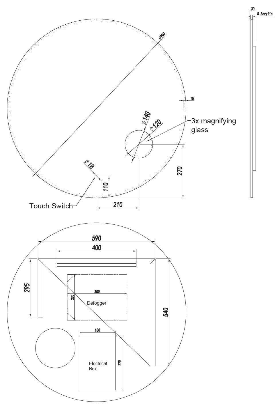 Edge Lit - Round LED Frameless Mirror - LDR 900mm
