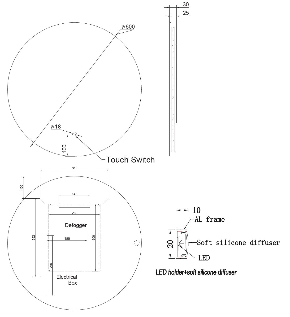 Round Backlit LED Frameless Mirror - LDR1 600mm (LED-R1 60x60)