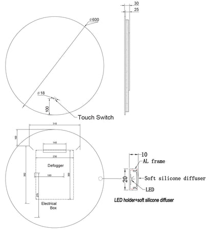 Round Backlit LED Frameless Mirror - LDR1 600mm (LED-R1 60x60)