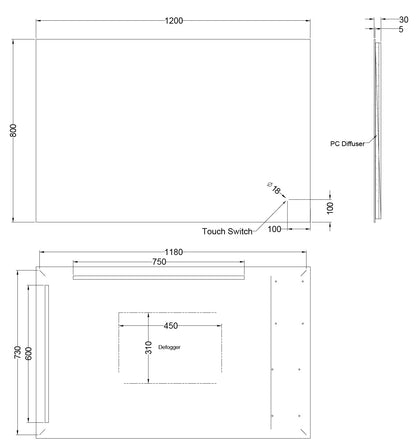Sharp Edged LED Frameless Mirror - 1200x800mm
