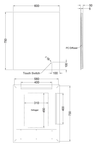 Sharp Edged LED Frameless Mirror - LDS 600x750mm