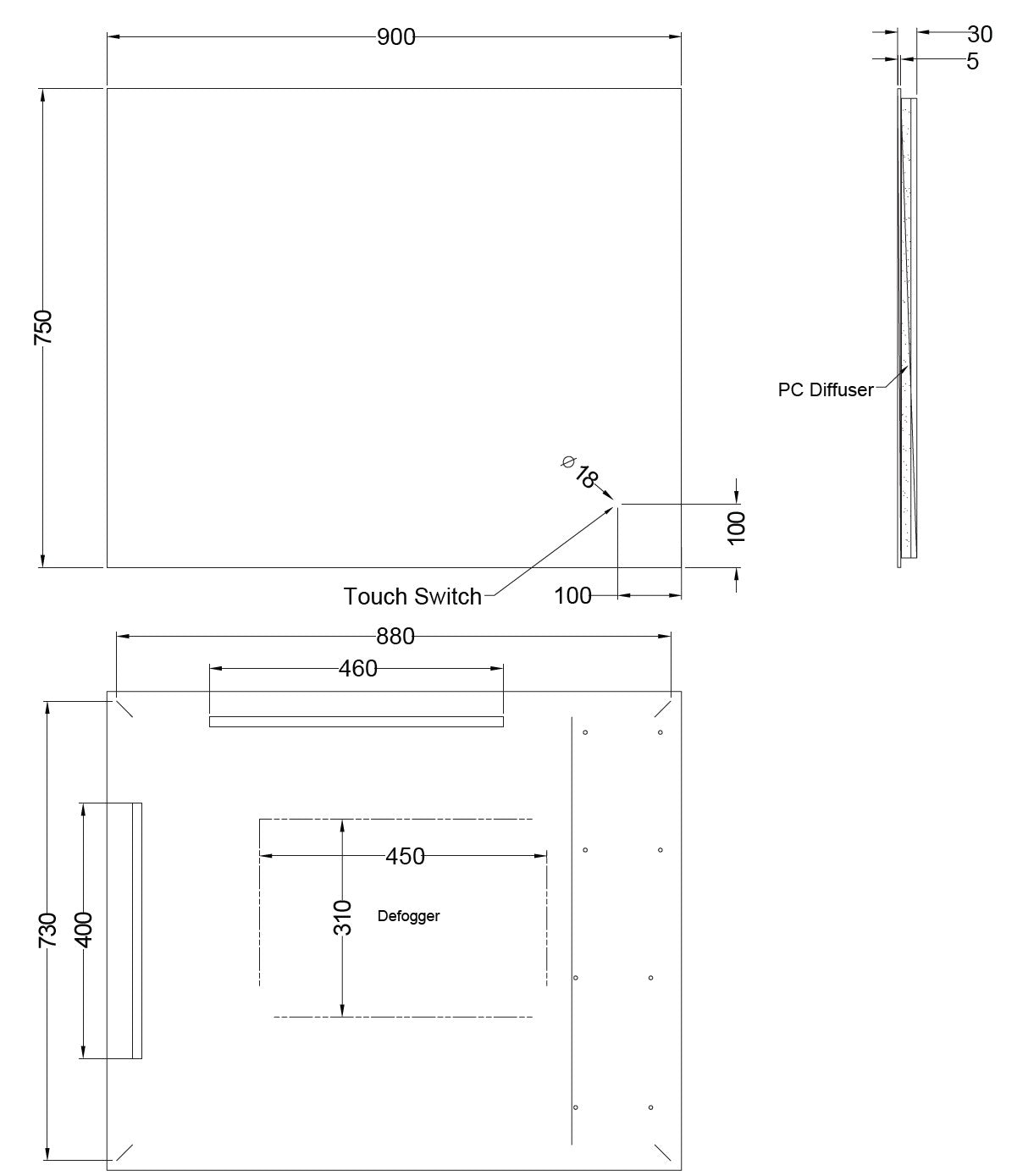 Sharp Edged LED Frameless Mirror - LDS 900x750mm