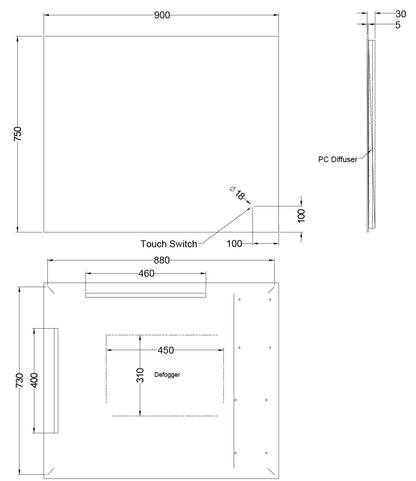 Sharp Edged LED Frameless Mirror - LDS 900x750mm
