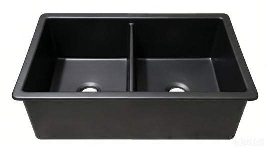 Procida Fine Fireclay Inset/Undermount Sink Double Bowl, Grid and Waste included Size:813*483*254mm Matte black