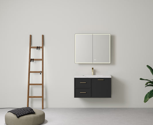 900mm  Kingsley Federation Fluted Wall Hung PVC  Left Drawer Cabinet - Matt Black - Cabinet Only